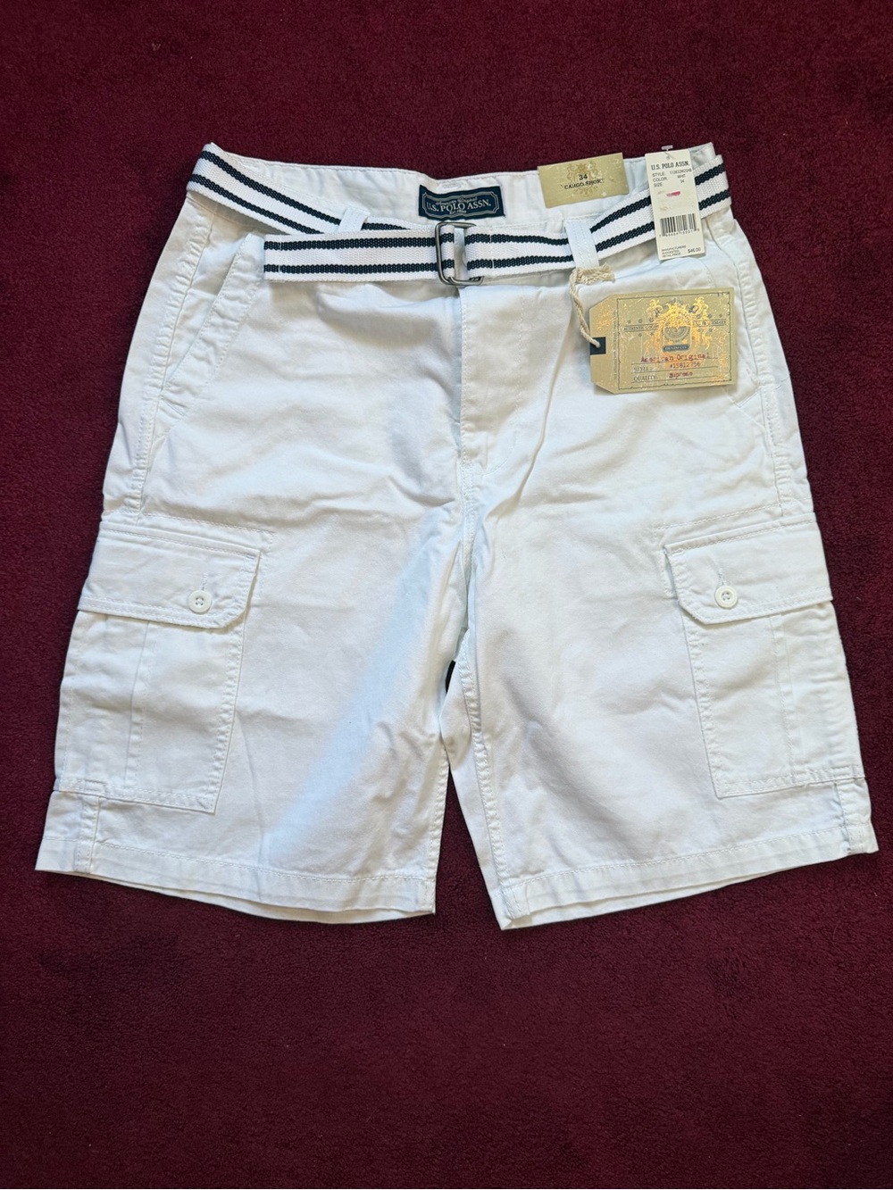 US Polo Assn Mens Belted Cargo Shorts 34 White Cotton Casual Brand New NWT